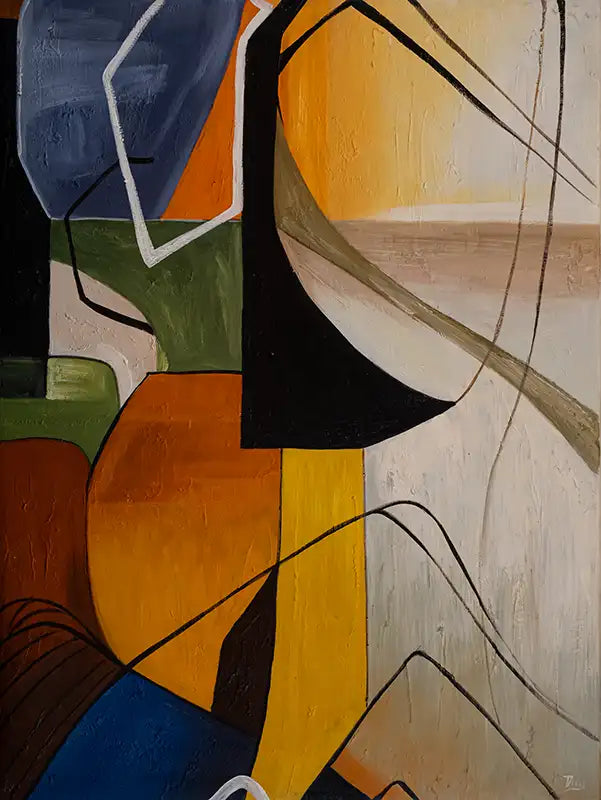 Abstraktes Gemälde, fließende Formen, farbige Felder, schwarze Linien, Hochformat