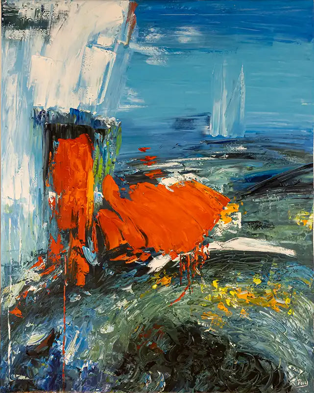 Abstraktes Gemälde, verwischte Farben, ein großes rotes Farbfeld beherrscht das Gemälsde