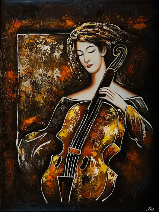 Portrait einer Dame mit Cello, in warmen brauntönen gehalten, abstrakter Hintergrund, weiße Umrisslinien