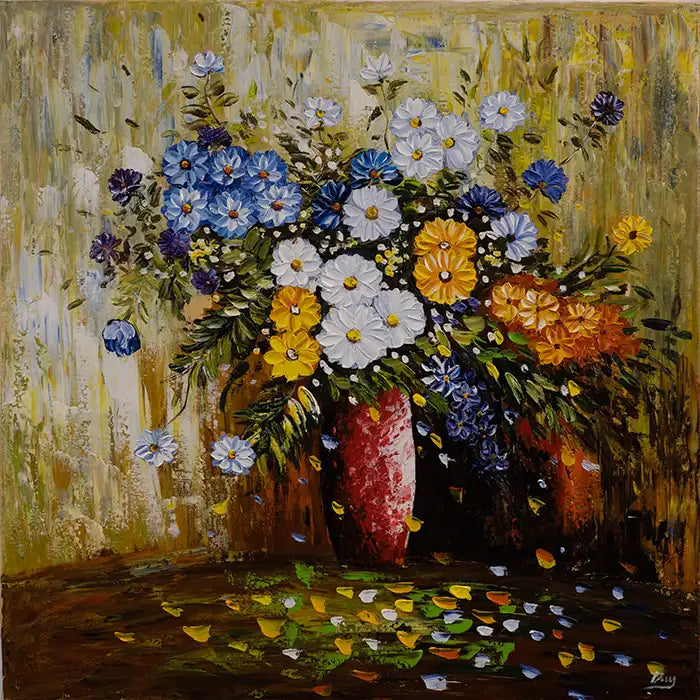 Ein Blumenstrauß mit Sommerblumen steht vor einer gelben Wand, Ölgemälde mit positiver Stimmung