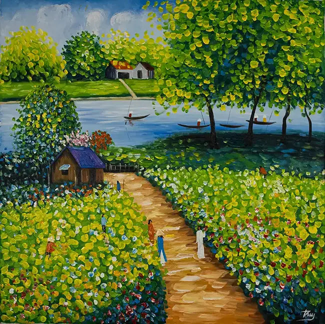 Landschaftsgemälde, grüne und gelbe Farbtone, ein Fluß mit kleinen Booten, eine kleine Hütte und Personen auf auf einem Weg