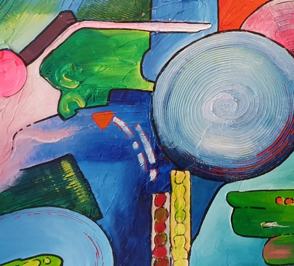Detailaufnahme des Acrylgemäldes auf Leinwand "Contemporary-Abstract2 " der Künstlerin Sara Schubert zeigt farbige Formen und Flächen, 70cm x 60cm, Detailansicht
