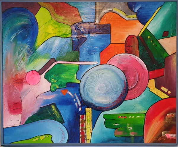 Das blaugerahmte, abstrakte Acrylgemälde auf Leinwand "Contemporary-Abstract2 " der Künstlerin Sara Schubert zeigt farbige Formen und Flächen, 70cm x 60cm