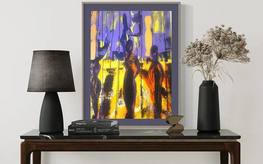 abstraktes Bild mit Tisch und Vase und Lampe und Büchern