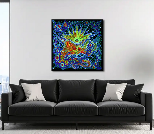 „Abstraktes, quadratisches Kunstwerk Interworlds Devil von Felix Stoever: neonfarbene geometrische Muster in dunklem Blau, Neongrün und Orange, zentrale energetische Kreatur im Mittelpunkt.“ an heller Wand hängend mit schwarzem Sofa