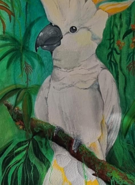 Detailaufnahme des Acrylgemäldes auf Leinwand "Kakadu" der Künstlerin Sara Durchmesser