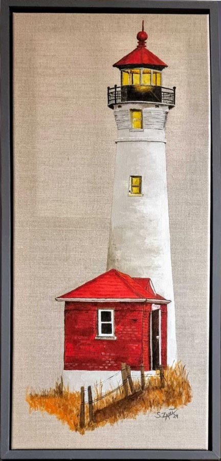 Das gerahmte Acrylgemälde "Leuchtturm Crisp Point" der Künstlerin Sara Schubert zeigt mittig den Leuchtturm, 70x30cm