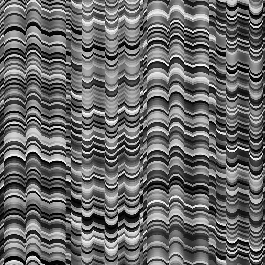 Geometrische Muster in schwarz Weiß mäandern über das Kunstwerk, scheinbar in Bewegung