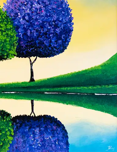 Zwei stilisierte Bäume in grün und blau stehen vor einem See und spiegeln sich im Wasser, der Himmel ist rot, blau und gelb, detailansicht des blauen Baumes