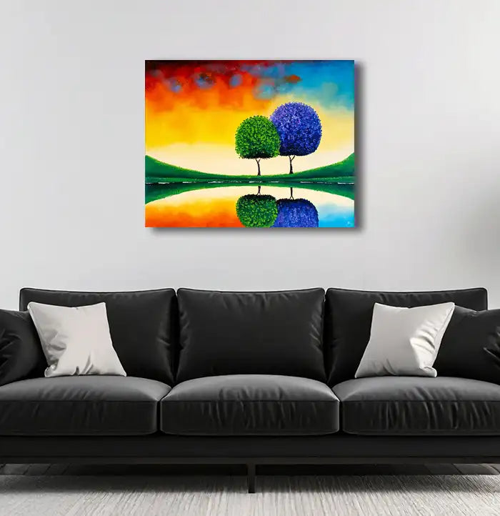 Zwei stilisierte Bäume in grün und blau stehen vor einem See und spiegeln sich im Wasser, der Himmel ist rot, blau und gelb, an einer hellen Wand hängend mit schwarzem Sofa