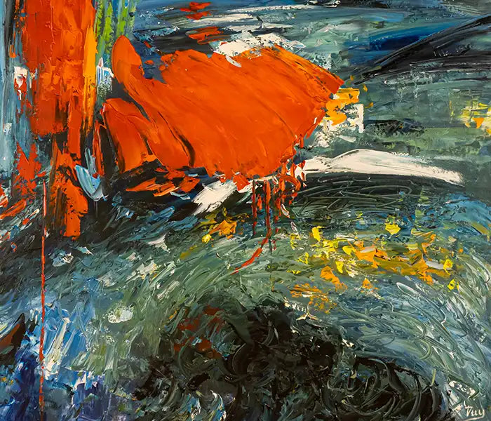 Abstraktes Gemälde, verwischte Farben, ein großes rotes Farbfeld beherrscht das Gemälsde, Detailansicht des roten Farbfeldes