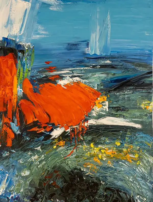 Abstraktes Gemälde, verwischte Farben, ein großes rotes Farbfeld beherrscht das Gemälsde, Detailansicht mit roten und blauen Farbflächen