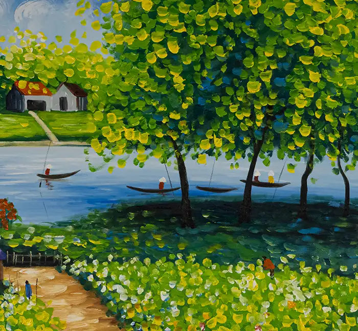 Landschaftsgemälde, grüne und gelbe Farbtone, ein Fluß mit kleinen Booten, eine kleine Hütte und Personen auf auf einem Weg, Detailansicht des Flusses mit Booten