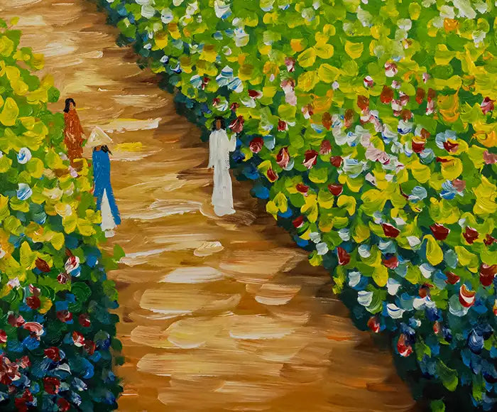 Landschaftsgemälde, grüne und gelbe Farbtone, ein Fluß mit kleinen Booten, eine kleine Hütte und Personen auf auf einem Weg, Detailansicht des Weges mit Personen