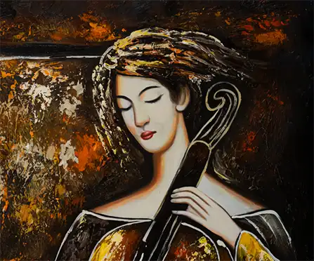 Portrait einer Dame mit Cello, in warmen brauntönen gehalten, abstrakter Hintergrund, weiße Umrisslinien, Gesicht der Dame mit Teil des Cellos