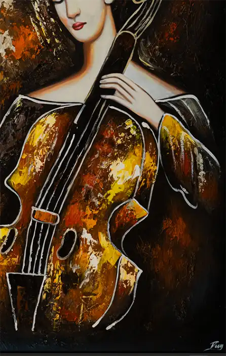 Portrait einer Dame mit Cello, in warmen brauntönen gehalten, abstrakter Hintergrund, weiße Umrisslinien, Detail des Cellos
