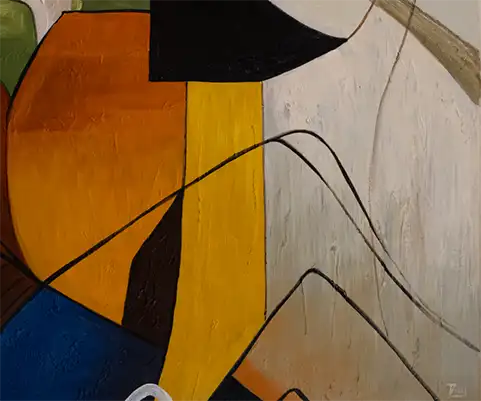 Abstraktes Gemälde, fließende Formen, farbige Felder, schwarze Linien, Hochformat, Detailansicht mit  farbigen Feldern und schwarzen Linien