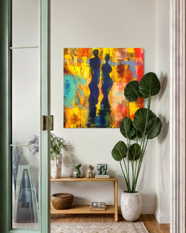 Paar im Sonnenlicht 80x80cm, Acrylgemälde auf Leinwand im häuslichen Ambiente