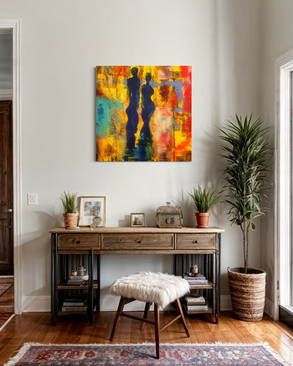 Paar im Sonnenlicht 80x80cm, Acrylgemälde auf Leinwand im häuslichen Ambiente