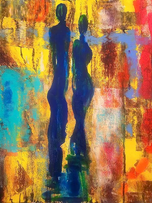 abstrakte Darstellung von zwei Personen in der Bildmitte, Acrylgemälde auf Leinwand von Annette Murphy