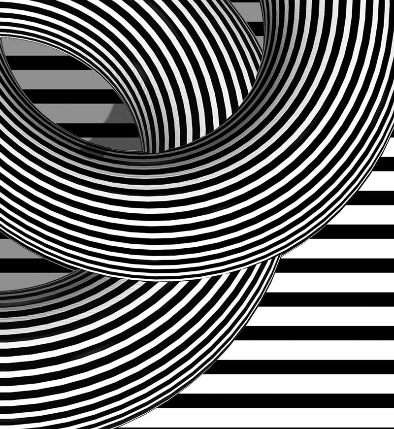 Zwei ineinander verflochtene gestreifte Ringe vor einem horizontal gestreiften Hintergrund, Farbe schwarz Weiß in Detailaufnahme
