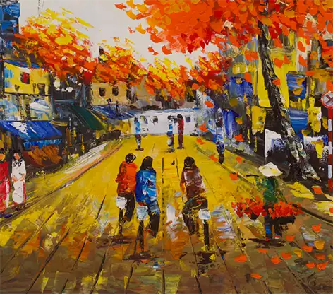 Eine asiatische Stadtansicht, der Blick geht weit in eine Straße, Radfahrer, Menschen und ein auffälliger organener Baum, Detailansicht der Straße mit Menschen