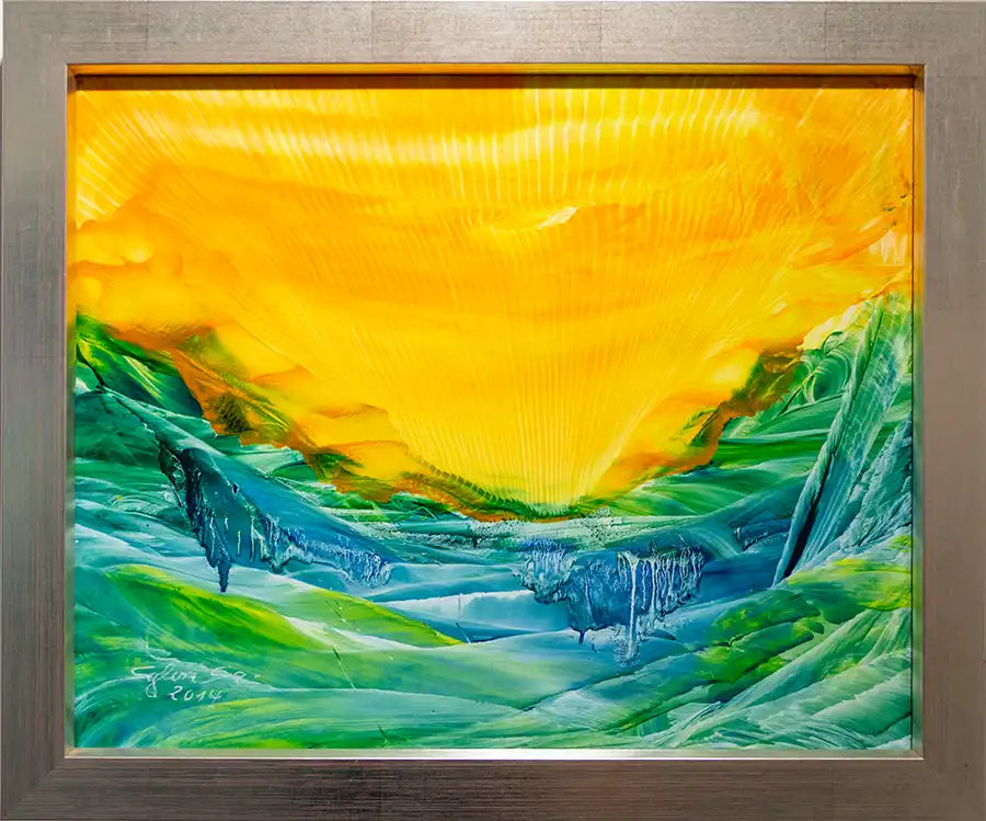 Bild Sunrise von Sylvia Sanders, abstrakte Landschaft mit Sonnenaufgang hinter grünem Tal