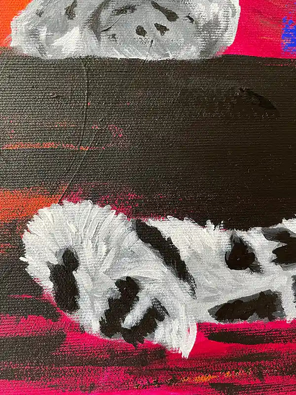 Acrylgemälde eines Leoparden vor rotem Hintergrund, Hochformat, Detail Fell