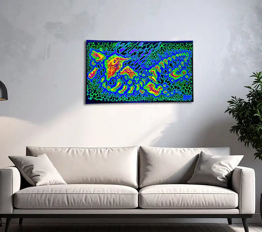 querformat, neon Farben grün, gelb, orange, symetrische Strukturen, ein Kopf und Hände, an heller wand hängend mit grauem Sofa