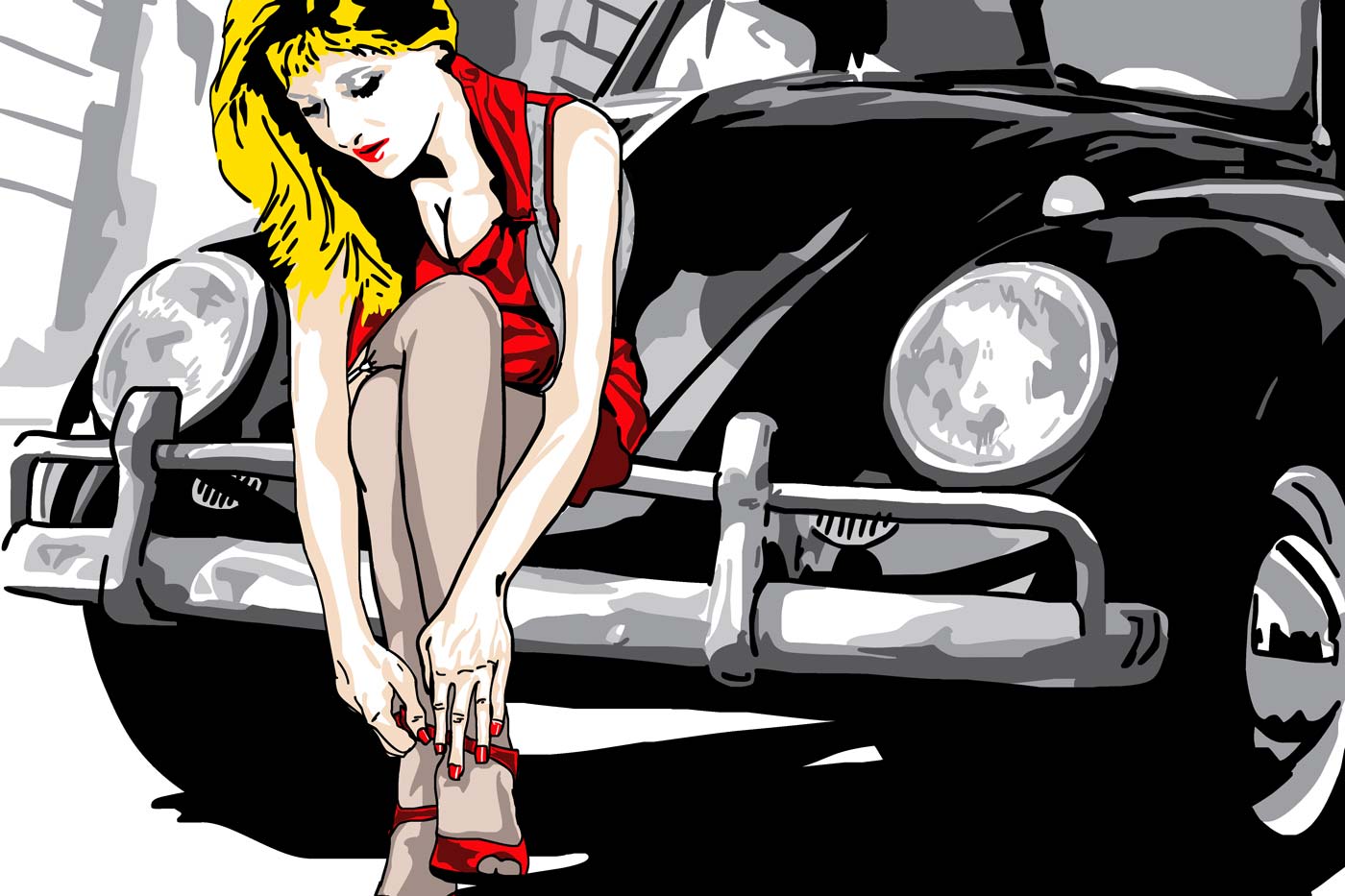 Frau auf einem VW Käfer sitzend, Popart