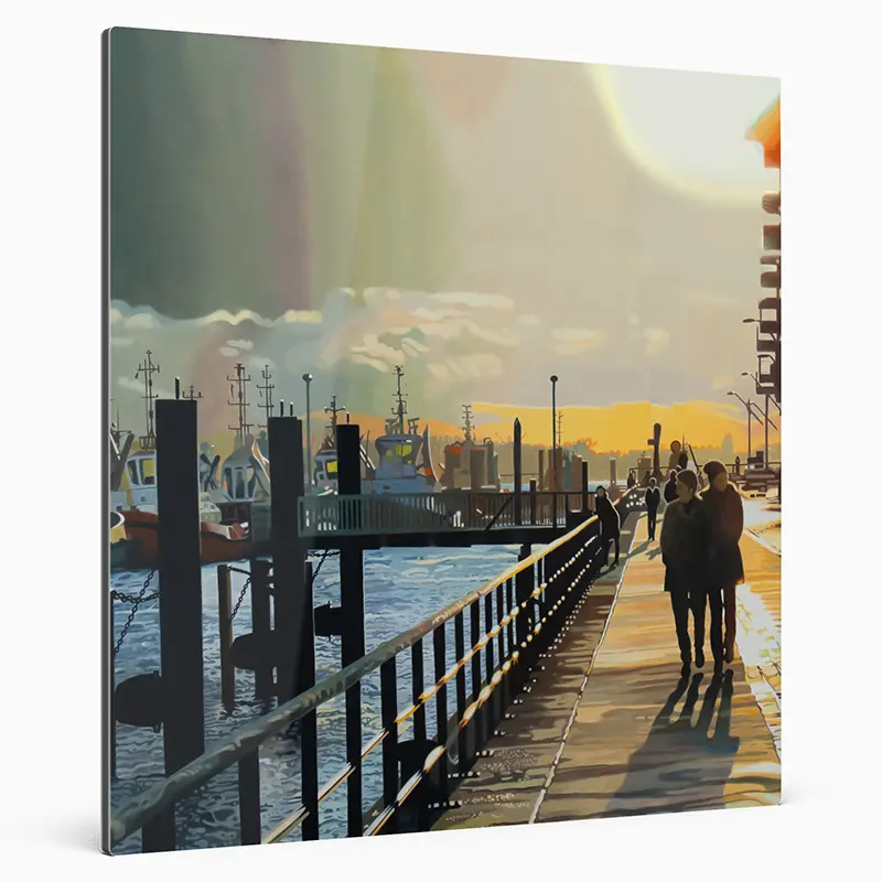 Fineart Print eines Ölgemäldes von Ulla Kutter, ein Paar geht in Hamburg an der Elbe mit Schleppern im Hintergrund spazieren.
