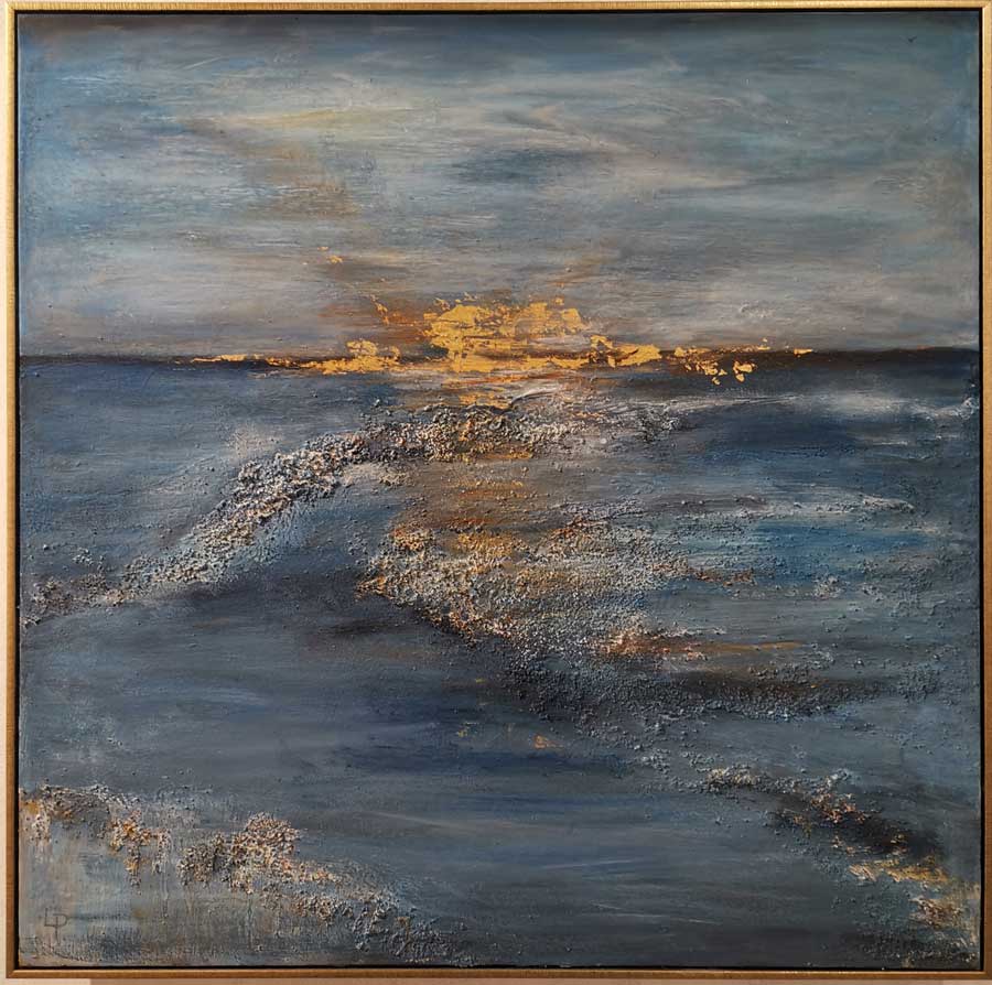 Abstraktes Gemälde, Meer mit Horizont und untergehender Sonne