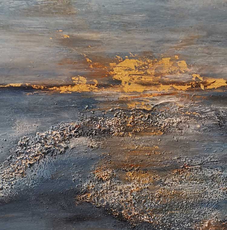 Abstraktes Gemälde, Meer mit Horizont und untergehender Sonne, Detailanisicht der Sonne