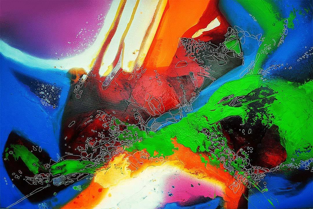 Abstraktes Gemälde, farben laufen ineinander, einzelne Farbfelder in blau, orange, rot, weiß