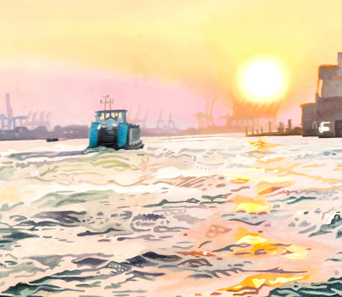 Motiv Hafen im Abendlicht mit Fähre auf der Elbe, Detailansicht Sonne mit Fähre