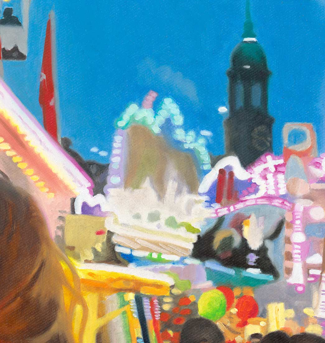 Fineart Print des Gemäldes Hamburger-Dom, Format quadrat auf Alu-Dibond, Detailansicht mit Michel