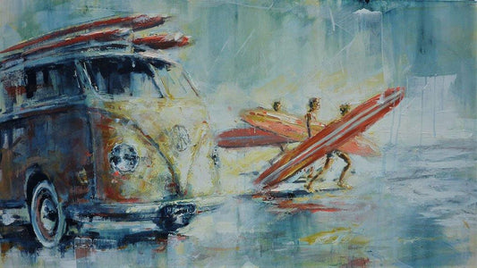 How are the waves - Kunst-Direkt, Ölgemälde, Menschen mit Surfbrettern  am Strand