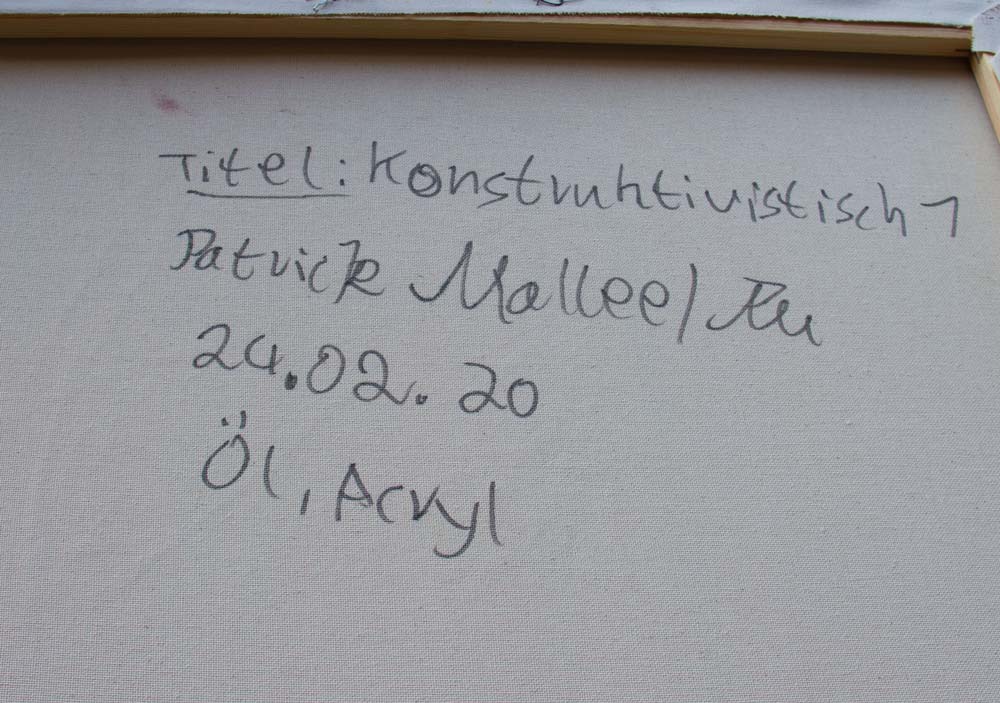 Die Rückseite des Bildes mit dem Titel und der Signatur des Künstlers