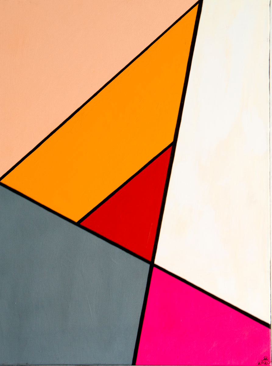 abstraktes Gemälde aus dem Bereich Color Field Painting, rote, weiße und orangene Dreiecke