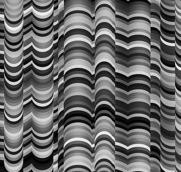 Geometrische Muster in schwarz Weiß mäandern über das Kunstwerk, scheinbar in Bewegung, Detailansicht