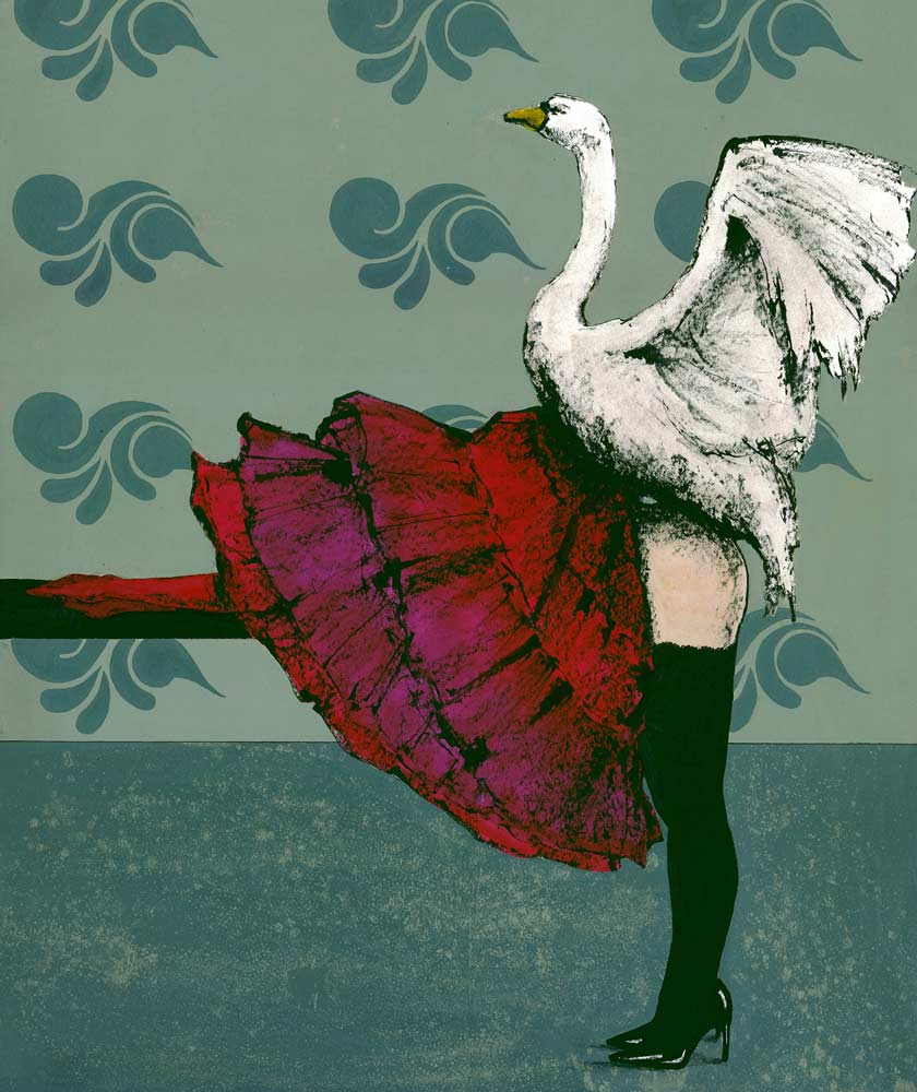 Ein Schwan und eine Frau mit rotem Rock vor grünem Hintergrund