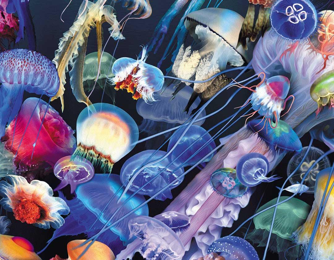 quallen, farbig, digitales Kunstwerk mit Plastikmüll, Details der quallen