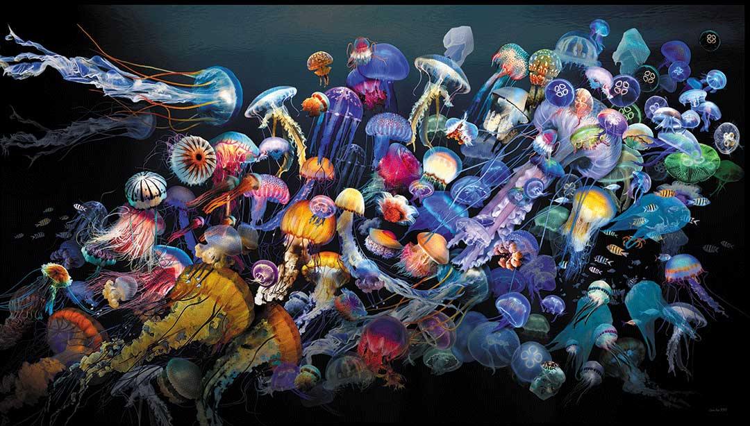 quallen, farbig, digitales Kunstwerk mit Plastikmüll