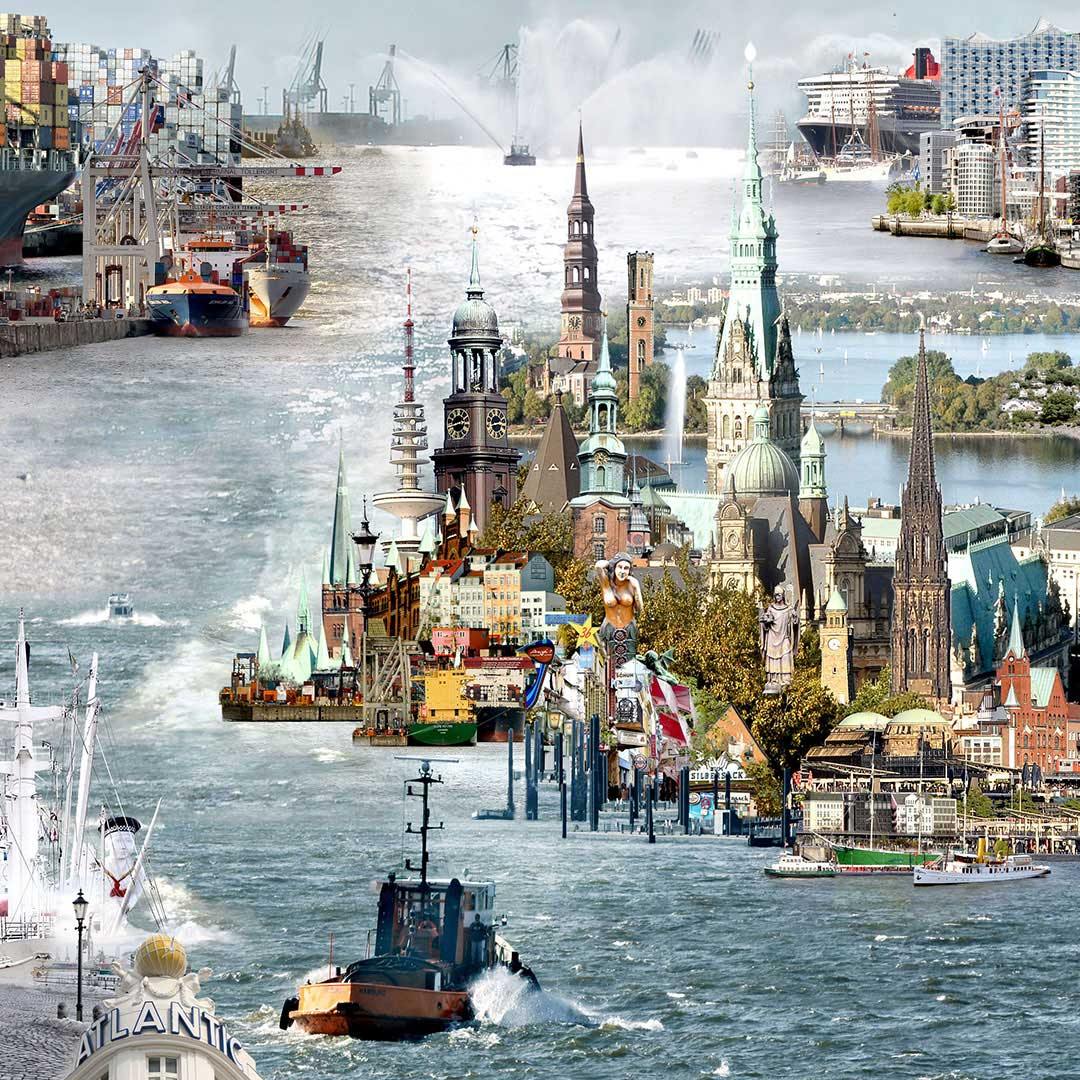 Kombination verschiedener Hamburger Bauwerke mit Elbe und Hafenschlepper, FIneart Print