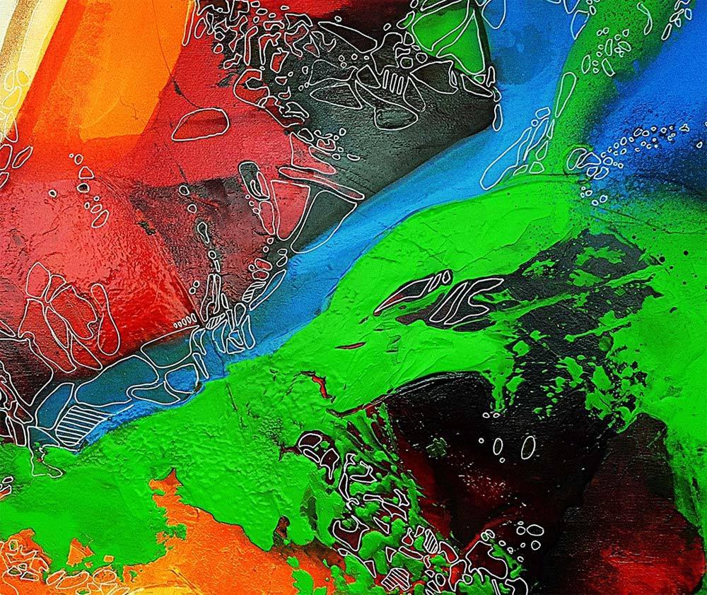 Abstraktes Gemälde, farben laufen ineinander, einzelne Farbfelder in blau, orange, rot, weiß, details der farbigen Flächen und strukturen