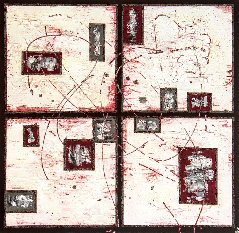 4 quadrate, gemalt, abstrakt, heller Grund mit roten streifen