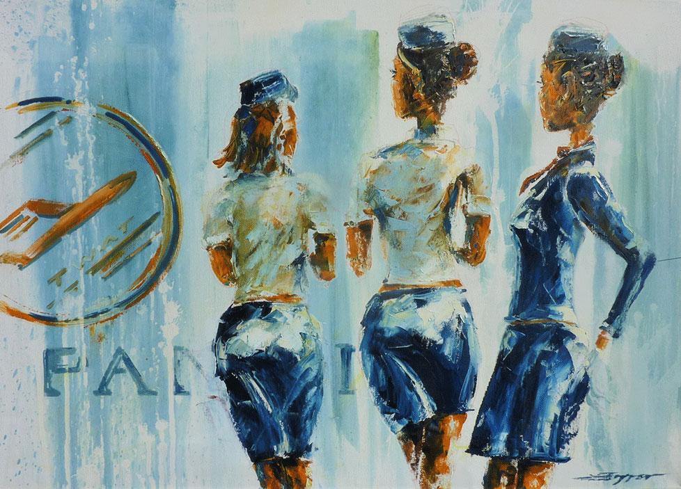 Ölgemälde, 3 Stewardessen in Uniform vor dem Logo einer Fluglinie