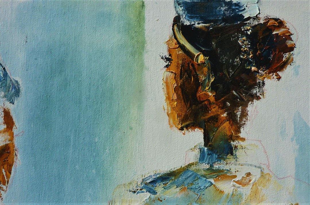 Ölgemälde Detail, Kopf einer Frau von hinten mit Kappe