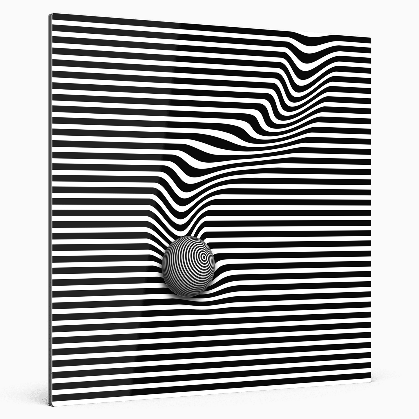 Minimalismus schwarze Linien mit Kugel, die Kugel verformt die horizontalen Linien, Farbe schwarz weiß