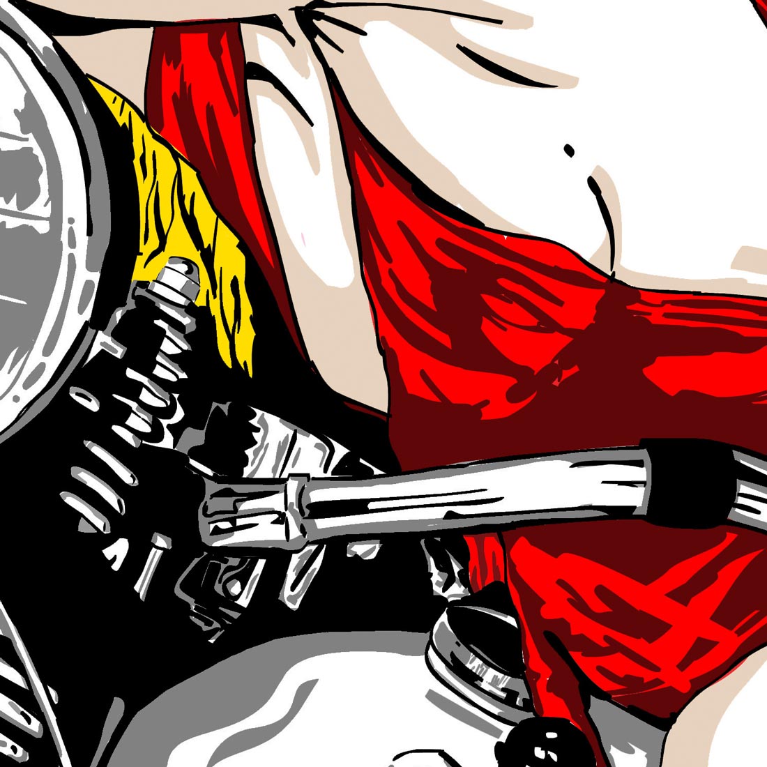 Eine Frau mit rotem Kleid und blonden Haaren sitzt auf einem Motorrad, Detailansicht der Frau